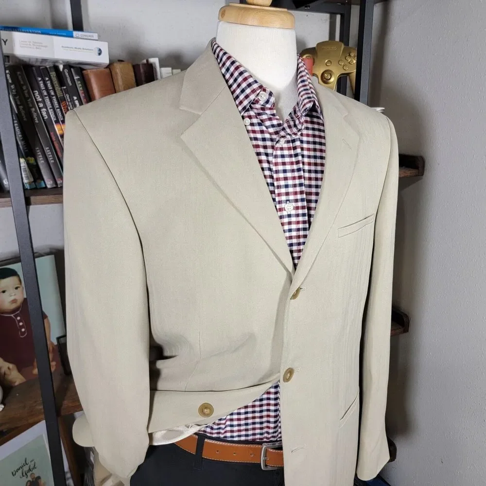 Geoffrey Beene Men's Sport Coat‎ Blazer Three Button Beige Herringbone Silk 41R
